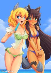 2girls beach bikini black_hair blonde_hair blue_eyes breasts cat_ears cat_tail catgirl checkered checkered_bikini checkered_swimsuit clouds dog_ears dog_girl dog_tail green_bikini green_eyes green_swimsuit holding_ice_cream holding_popsicle ice_cream long_hair looking_at_viewer medium_breasts medium_hair midriff navel o-ring o-ring_bikini o-ring_swimsuit ocean original outside popsicle purple_bikini purple_swimsuit rosalhymn sky swimsuit water