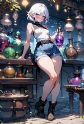 ai_generated bare_legs bare_shoulders blue_eyes blush breasts curvy curvy_body curvy_female curvy_figure curvy_hips cute cute_face elf elf_ears elf_female high_boots jean_shorts merchant oc potion potion_bottle short_hair small_breasts smile starlightnex thick thick_legs white_hair wide wide_hips