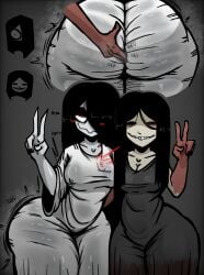 2girls anthro ass ass_bigger_than_head ass_focus big_ass big_breasts big_butt black_hair bottom_heavy breasts bubble_butt clothing curvaceous curvy curvy_figure dat_ass dumptruck_ass erect_nipples erect_nipples_under_clothes female female_only fingering fully_clothed ghost ghost_girl hair_over_one_eye heartbeat huge_ass huge_breasts long_hair nanodude78 peace_sign red_eyes stealth_ass_grab stealth_fingering teasing the_ring thick_thighs voluptuous voluptuous_female yamamura_sadako yuri