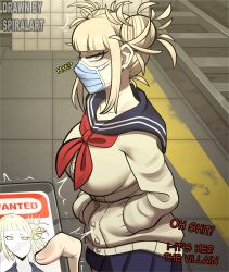 ass big_ass big_breasts big_thighs blonde_hair blush breasts clothed clothing dialogue female himiko_toga looking_at_another male mask masked masked_female my_hero_academia phone skirt spiralart subway tagme text thick_hips thick_thighs thighs yellow_eyes