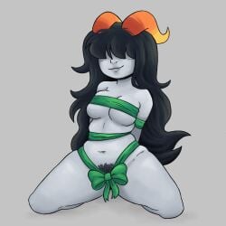 1girls alien alien_humanoid bangs black_hair bondage boob_press bound bound_arms bound_wrists breast breasts breasts female female_focus female_only grey_skin grey_skin hair_over_eyes homestuck homestuck_oc homestuck_troll horn horns humanoid humanoid_alien jojrno large_thighs long_hair long_hair_female mostly_nude mostly_nude_female original_character partially_clothed partially_clothed_female pubic_hair ribbon solo solo_female thighs troll