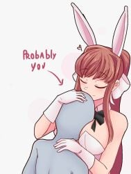 bare_shoulders both_eyes_closed breasts bunny_ears cleavage closed_eyes doki_doki_literature_club english_text eyes_closed face_in_breasts face_in_cleavage heart in_cleavage long_hair monika_(doki_doki_literature_club) text tokkeresu white_bow you