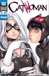 2girls black_cat_(marvel) black_hair blue_eyes catsuit catwoman collar comic_cover crossover dc dc_comics domino_mask eyemask felicia_hardy female_only goggles_on_head green_eyes ice_cream looking_at_viewer marvel marvel_comics omar_dogan pouty_lips selina_kyle skin_tight spoon suggestive white_hair wide_eyed zipper