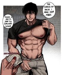 1boy 1boy1girl 1girls big_breasts big_nipples big_pecs big_penis black_hair bulge bulge_through_clothing english_text female female_pov fushiguro_touji grabbing_penis jujutsu_kaisen licking_lips lifting_shirt male male_focus male_prostitute male_prostitution muscular muscular_male nipples owwllly partial_female pov prostitute prostitution scar scar_on_face solo_focus speech_bubble straight toji_fushiguro unseen_female_face