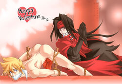 2boys bondage bound_ankles bound_penis bound_wrists bow clothed_on_nude cloud_strife drool final_fantasy final_fantasy_vii gag gay helpless imminent_rape male male_only malesub multiple_boys nude penis_ribbon restrained rope saliva spread_legs tied_penis valentine vincent_valentine yaoi