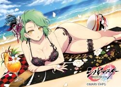 bare_arms bare_belly bare_legs bare_shoulders bare_thighs beach belly_button big_breasts blush body_blush breasts cleavage feet feet_out_of_frame flower green_hair hair_ornament hikage_(senran_kagura) lying marvelous official_art open_mouth outdoors petals senran_kagura senran_kagura_new_link shiny_skin short_hair tattoo thigh_strap thighs yaegashi_nan yellow_eyes