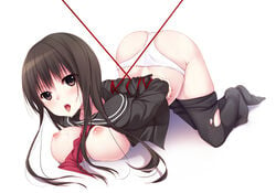 ass bent_over black_hair black_legwear black_thighhighs blush bondage box_tie breast_press breasts brown_hair female itou_nanami large_breasts long_hair lying necktie nipples no_bra open_clothes open_mouth open_shirt original panties pantyhose pantyhose_pull purple_eyes red_eyes rope saliva saliva_trail school_uniform serafuku shirt short_hair solo tongue top-down_bottom-up torn_clothes torn_pantyhose underwear white_panties