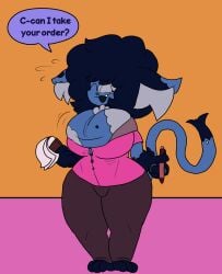 absurd_res ballbies balls balls_as_breasts big_balls button_(fastener) chesticles chibitay clothed clothing domestic_cat felid feline felis femboy fully_clothed genitals hi_res mammal patches_(chibitay) straining_buttons straining_clothing translynx wide_hips