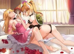 2girls armlet arms_tied_behind_back ass bed black_leotard blonde_hair blue_eyes bow_panties bowsette breasts choker closed_eyes curtains female/female female_only food girls girls_only holding_mushroom horns large_breasts leotard lesbian long_hair mario_(series) medium_breasts merchant91 mushroom nightgown nintendo on_bed only_female panties panties_around_leg petals pillow pink_nightgown ponytail princess_peach ribbon ribbon_bondage spiked_armlet spiked_choker spiked_shell super_crown turtle_shell white_panties yuri