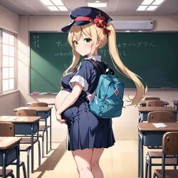ai_generated backpack blonde_hair classroom female hat pregnant student