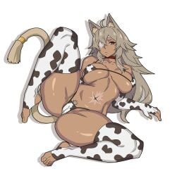 1girls alternate_costume bikini breasts collar cow_girl cow_print curvaceous curvy dark_skin female female_only full_body ghislaine_dedoldia grey_hair huge_ass huge_breasts large_breasts long_hair looking_at_viewer mature_female muscular muscular_female mushoku_tensei mushoku_tensei:_isekai_ittara_honki_dasu navel potatoartox pubic_hair red_eyes smile solo solo_female tail tan_body thick_thighs wolf wolf_ears wolf_girl wolf_tail