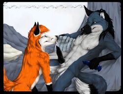 balls black_hair black_penis canine eye_contact fox fur furry gay hair looking_at_another male male_only nipple_piercing nipples no_humans nose_piercing pattern penis piercing pillow precum sex_toy tail truegrave9 wolf wuffamute y-foxy yaoi