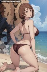 ai_generated aindroidparanoid ass ass_focus beach big_breasts bikini brown_eyes brown_hair cigarette fat_ass huge_ass huge_breasts jujutsu_kaisen large_breasts looking_at_viewer looking_back narrow_waist ocean outdoors sand sea shoko_ieiri short_hair slim_waist smoking stable_diffusion taller_girl