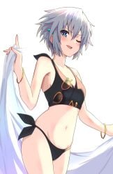 2d belly belly_button bikini blue_eyes breasts date_a_live glasses grey_hair honjou_nia light-skinned_female short_hair small_breasts solo solo_female thighs