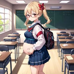 ai_generated backpack blonde_hair classroom female glasses pregnant student