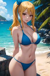 ai_generated beach bikini bikini_bottom bikini_top blonde_female blonde_hair blue_bikini blue_bikini_bottom blue_bikini_top blush brown_eyes fairy_tail female female_only hands_behind_back large_breasts lucy_heartfilia lxlbanner smile tagme water