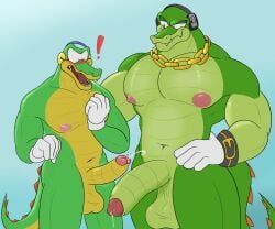 2boys absurd_res anthro balls bara barazoku big_balls big_pecs big_penis blush bodily_fluids chain_necklace classic_vector clothing comparing crocodile crocodilian crocodylid duo exclamation_point gay genital_fluids genitals gloves gold_(metal) gold_jewelry green_body handwear hi_res jewelry kelsdungeon male male/male muscular necklace pecs penis precum reptile scalie sega selfcest sharp_teeth size_difference smile smirk sonic_(series) sonic_the_hedgehog_(series) spiked_tail spikes spikes_(anatomy) square_crossover surprised_expression tail teeth vector_the_crocodile yellow_body