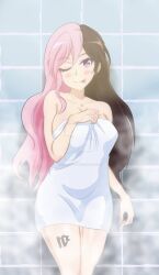 1girls heterochromia maikbeelzebub multicolored_hair neo_(rwby) rwby shower towel_only