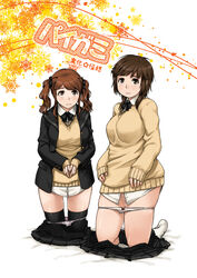 blazer breasts brown_eyes brown_hair hair_ribbon kneeling large_breasts nakata_sae panties panty_pull plump pussy_juice ribbon sakurai_rihoko school_uniform skirt skirt_pull sleeves_past_wrists sweater tachibana_midori thighhighs tied_hair twintails underwear