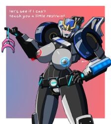 1girls belt big_breasts blue_lipstick breasts busty closed_eyes english_text female female_only grey_nipples hand_on_hip mechavee nipples pussy robot robot_girl robot_humanoid solo solo_female strongarm_(transformers) text transformers transformers_robots_in_disguise_(2015) vagina