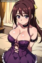 ai_generated aindroidparanoid breasts brown_hair cleavage curvy huge_breasts indoors large_breasts massive_breasts mitsuki_sohara nipples ponytail purple_clothing purple_eyes ribbon skirt sora_no_otoshimono stable_diffusion tight_clothing voluptuous