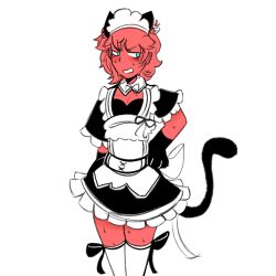 cat_ears cat_maid cat_tail cyan_eyes maid morajo mundo_torajo red_hair red_skin