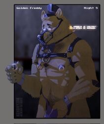 anthro barely_visible_genitalia barely_visible_penis bow_tie bulge clothing five_nights_at_freddy's gay genitals golden_freddy_(fnaf) harness hat headgear headwear hi_res jockstrap kendryzak_(artist) male muzzle_(object) nipple_piercing nipples penis piercing scottgames solo top_hat underwear