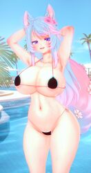 1girls 3d areola_slip areolae arms_behind_head arms_up ass big_ass bikini blue_eyes blue_hair breasts deluxe_rosie female female_only flower flower_in_hair hips hourglass_figure huge_breasts indie_virtual_youtuber light-skinned_female light_skin long_hair looking_at_viewer micro_bikini multicolored_hair outdoors palm_tree parted_lips pink_hair pool poolside silvervale smile solo solo_female standing string_bikini tail thick_thighs thighs thin_waist tree trees virtual_youtuber water wet wet_body wet_skin wide_hips wolf_ears wolf_girl wolf_tail