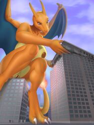 anthro areola breasts chari-gal charizard city claws destruction dragon female generation_1_pokemon genitals hi_res horn lifting_object low-angle_view macro marje mythological_creature mythological_scalie mythology nintendo nipples non-human_areolae non-mammal_breasts nude outside pokemon pokemon_(species) pussy scalie sitting sitting_on_building sky solo toe_claws wings