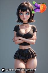 ai_generated ass black_hair blue_eyes breasts choker cleavage curvy curvy_female eroticprimeai fishnet_pantyhose fishnet_stockings hotel_transylvania mavis_dracula medium_breasts microskirt miniskirt pleated_skirt skirt skirt_up stockings t-shirt white_body white_skin