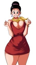 big_ass big_breasts breast_squeeze bulma_briefs chichi child_bearing_hips dragon_ball_(series) female female_only mature_female milf panarandom red_dress scarf smile thick_thighs