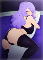 1girls ass bangs bare_thighs bed between_legs big_ass black_bra black_panties blush bra breasts camilla_(fire_emblem) corrin_(fire_emblem) corrin_(fire_emblem)_(male) dakimakura_(object) female female_only fire_emblem fire_emblem_fates grinding hair_over_one_eye heavy_breathing highres humping large_breasts looking_at_viewer masturbation mikleodeus nintendo panties pillow pillow_hug pillow_humping pink_eyes purple_hair thighhighs thighs underwear