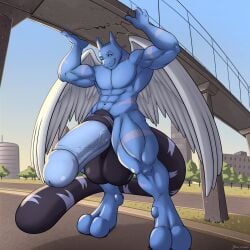 absurd_res anthro big_penis blazekemono city feathered_wings feathers fullshaded genitals hi_res huge_cock looking_at_viewer macro male muscular muscular_male one_eye_closed penis smile smiling_at_viewer smirk smirking_at_viewer tail wings wink winking_at_viewer