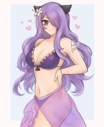 1girls alternate_costume bare_shoulders bikini blush breasts camilla_(fire_emblem) cleavage cowboy_shot fake_horns female female female_only fire_emblem fire_emblem_fates fire_emblem_heroes flower hair_flower hair_ornament heart highres horns large_breasts long_hair looking_at_viewer navel nintendo official_alternate_costume purple_bikini purple_eyes purple_hair purple_swimsuit purrlucii sarong solo standing stomach swimsuit thighs very_long_hair white_flower