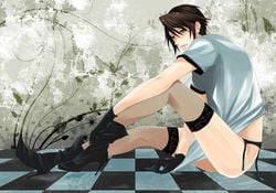 beige_skin blue_eyes boots bottomless brown_hair clothes color crossdressing final_fantasy final_fantasy_viii footwear garters gloves hair high_heels human looking_at_viewer looking_left male male_only open_eyes round_ears short_hair side_view sitting solo squall_leonhart thighhighs uncensored