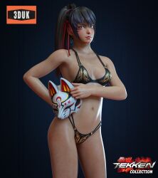 1girls 3d 3duk bare_legs bikini black_and_red_and_purple_hair female female_only fully_clothed holding_kitsune_mask kitsune_mark kunimitsu_ii kunoichi lavender_eyes medium_breasts namco pin_up solo tekken tekken_7