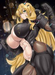 1girls artist_request barghest_(gawain)_(fate) blonde_hair blonde_hair fate/grand_order fate_(series) heterochromia horns huge_breasts inner_sideboob looking_at_viewer muscular muscular_female