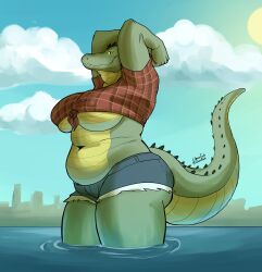 1girls alligator anthro arms_up belly big_breasts drawstech huge_breasts jean_shorts looking_at_viewer ripped_shorts tail thick_thighs