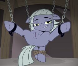 anus belt bondage bound chains earth_pony earth_pony_colds equid equine female feral friendship_is_magic genitals green_eyes grey_body hasbro horse limestone_pie_(mlp) looking_at_viewer mammal my_little_pony pony pussy smile solo