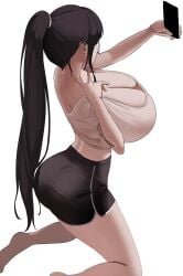 1girls black_hair breasts breasts_bigger_than_head cleavage from_behind glasses huge_breasts kneeling long_hair megane-chan_(nicorima) nicorima oc on_knees peace_sign ponytail selfie shirt shorts