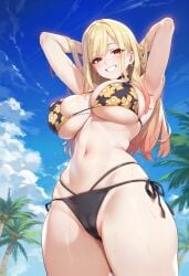 ai_generated bangs bikini black_bikini blonde_hair breasts cameltoe floral_print grin kitagawa_marin large_breasts long_hair looking_at_viewer mommy navel palm_tree print_bikini red_eyes side-tie_bikini_bottom sky smile solo sono_bisque_doll_wa_koi_wo_suru swimsuit tree