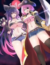 2d 2girls belly belly_button big_breasts breasts cleavage date_a_live exposed_torso female female_only green_eyes gun light-skinned_female long_hair pink_hair pirate pirate_hat purple_eyes purple_hair shorts sword thick_thighs thighs wolf_ears wolf_girl yatogami_tohka