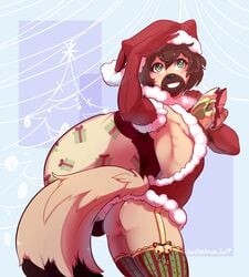 2017 5_fingers accessory anthro anus armwear ass bell black_nose blue_background blush bottomless brown_body brown_fur brown_hair canid canine caninelove canis christmas christmas_clothing christmas_headwear christmas_tree clothed clothing dipstick_tail elbow_gloves fingers fur furry garter gift girly gloves green_eyes hair handwear hat headgear headwear holding_object holidays jingle_bell leaning leaning_forward legwear male mammal matthew_(articwuff) multicolored_tail muzzle_(marking) plant raised_arm sack santa_dress santa_hat shadow short_hair signature simple_background smile solo standing teeth thigh_highs tree wolf