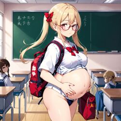 ai_generated backpack blonde_hair classroom female glasses pregnant skimpy_clothes student