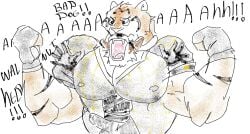 anthro barazoku bodily_fluids canid canine canis clothed clothing cursed_image dialogue duo epic_games erection fangs felid feline felis flexing fortnite fur genital_fluids genitals hi_res humor leaking_precum male male/male mammal meme muscular muscular_anthro muscular_male nipples oscar_(fortnite) pantherine pecs pecs_touching pinumontbalou precum precum_through_clothing screaming size_difference strangling striped_body striped_fur stripes teeth tiger wendell_(fortnite) wet wet_clothing wolf