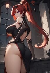 ai_generated ass big_breasts breasts cleavage cowboy_shot dress female hi_res long_hair ponytail red_hair smile thick_thighs thighs vinzyai wuthering_waves yinlin_(wuthering_waves)