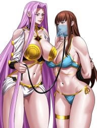 2girls breasts brown_hair fate/stay_night fate/zero fate_(series) female/female female_only hakuno_kishinami hand_to_chin jewelry leash lesbian light-skinned_female long_hair long_sleeves looking_at_partner medusa_(fate) purple_hair revealing_clothes seductive_smile slave_bikini slavegirl smile smiling very_long_hair yuri zinfian