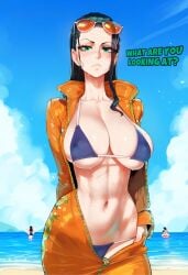 1girls ai_generated beach bikini black_hair busty female female_only green_eyes haughty haughty_face large_breasts light-skinned_female light_skin looking_at_viewer navel nico_robin one_piece open_clothes pov pov_eye_contact secretly_loves_it solo solo_female solo_focus staring_at_breasts sunglasses sunglasses_on_head sweat wet yelua