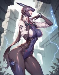 1girls ai_generated big_breasts bunny_(the_first_descendant) electricity electricity_manipulation lewdwaifulaifu looking_at_viewer power_display slim_waist the_first_descendant