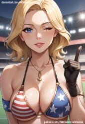 ai_generated aidreamcrush american_flag_bikini bikini blonde_hair blue_eyes breasts cleavage close-up eyes female female_focus female_only gloves hair necklace patriotic_clothing winking winking_at_viewer